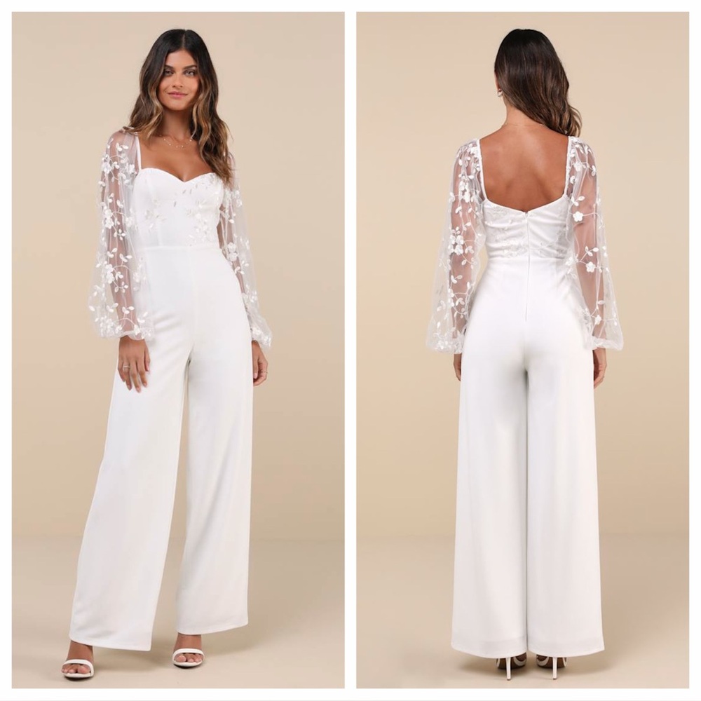 Lulu's White Embroidered Mesh Sleeve Jumpsuit